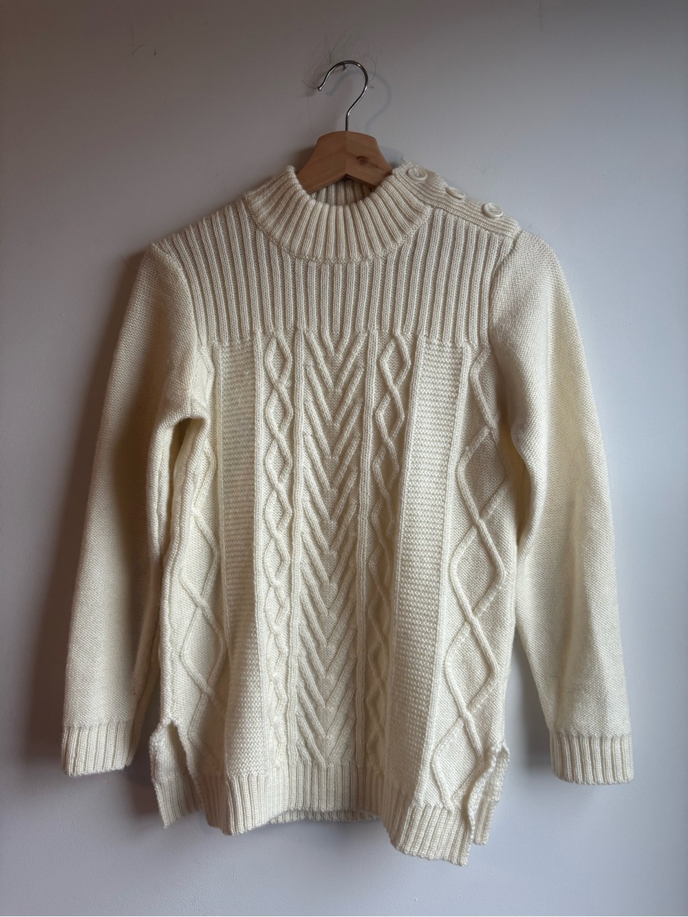 Cream Cable Knit Mockneck Sweater with Button Shoulder